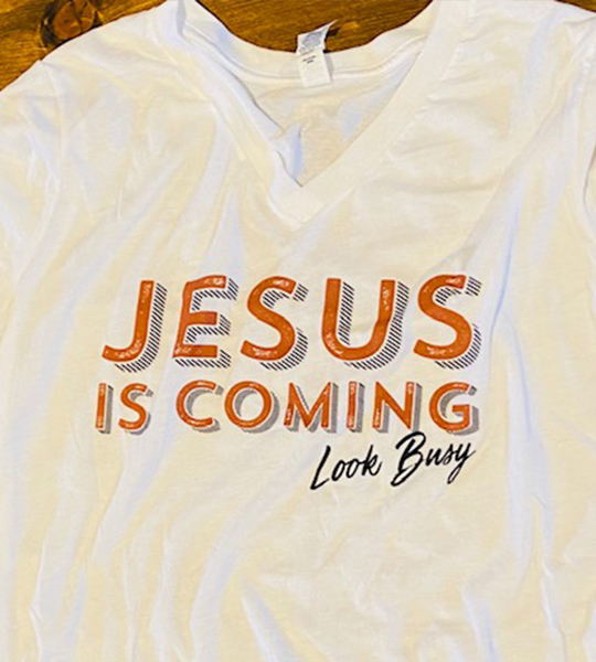 LADIES Jesus is Coming T-shirt (WHITE V-NECK) Front