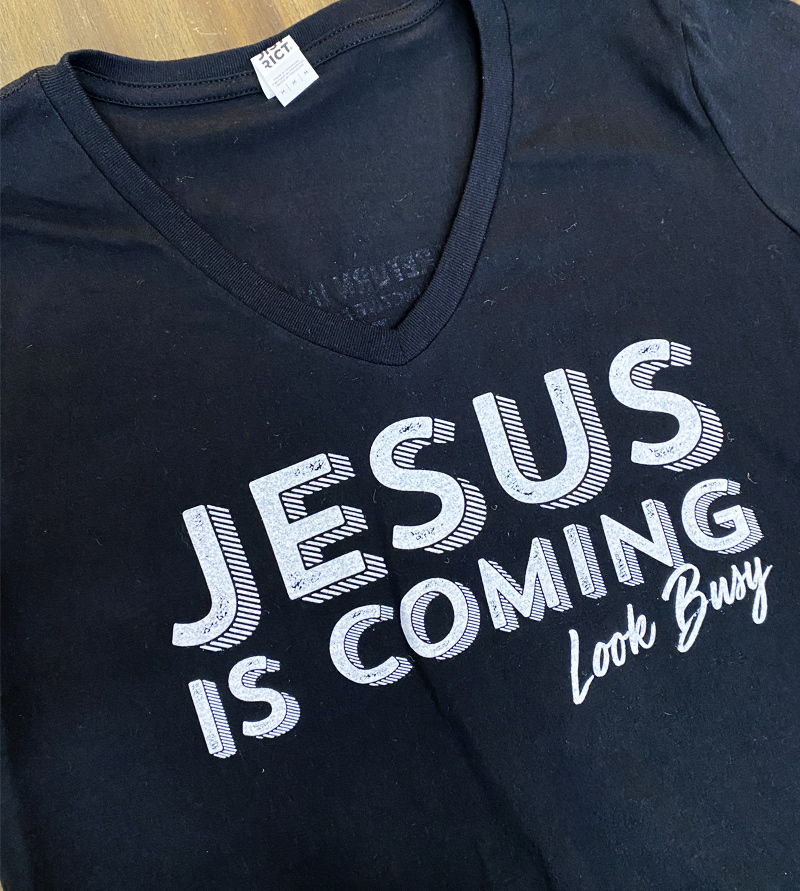 LADIES Jesus is Coming T-shirt (BLACK V-NECK) Front Large