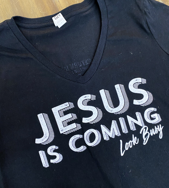 LADIES Jesus is Coming T-shirt (BLACK V-NECK) Front